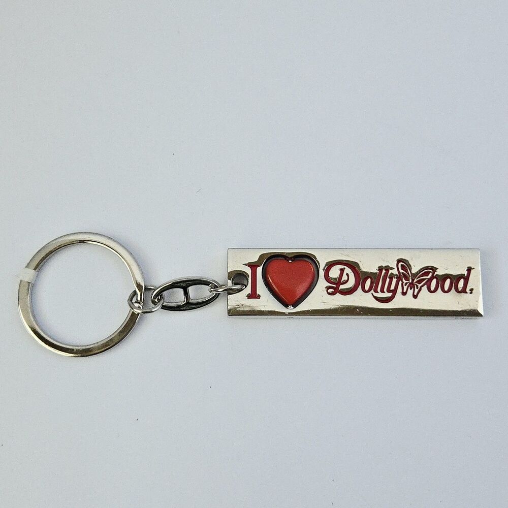 I Love Dollywood Spinner Keychain Butterfly Silver Tone Metal Red Heart Souvenir